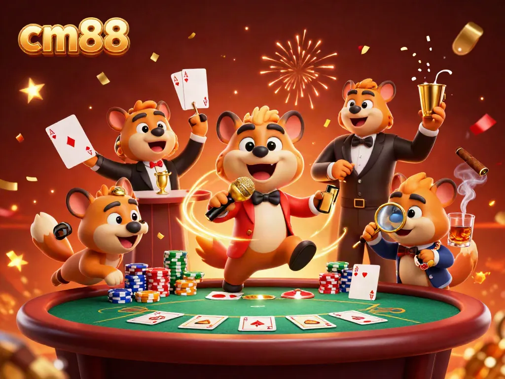 Hyenas in a vibrant casino scene embodying the playful spirit of cm88 with a bartender, comedian, and bouncer.