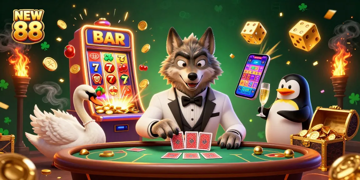 Join the excitement at NEW 88 with elite characters amidst a bursting jackpot scene in this vibrant casino illustration.