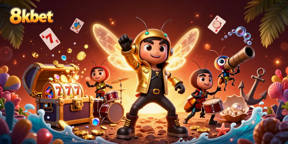 Experience the vibrant world of 8xbet with a colorful, casino-themed rock star illustration, showcasing slot elements.