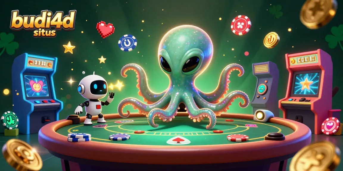 Experience virtual wins at budi4d situs with colorful alien-themed poker game illustration
