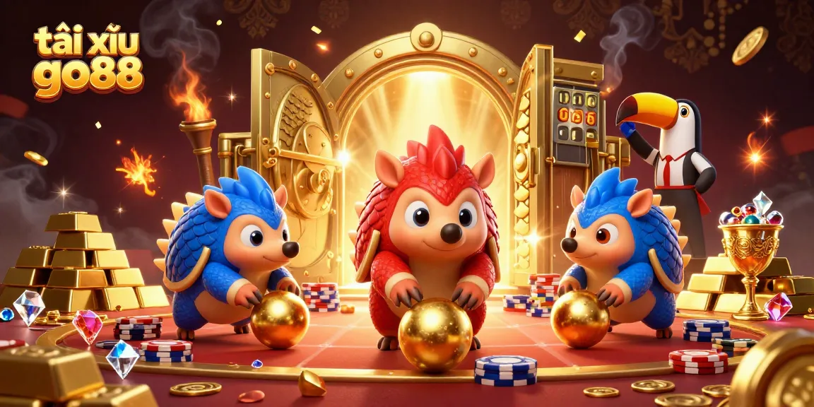 Compete in tài xỉu go88 as rival pangolins roll golden balls through poker chips in a vibrant casino.