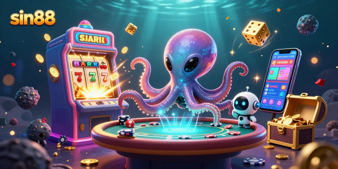 sin88 showcases an alien octopus operating a poker table amidst a burst of casino excitement.