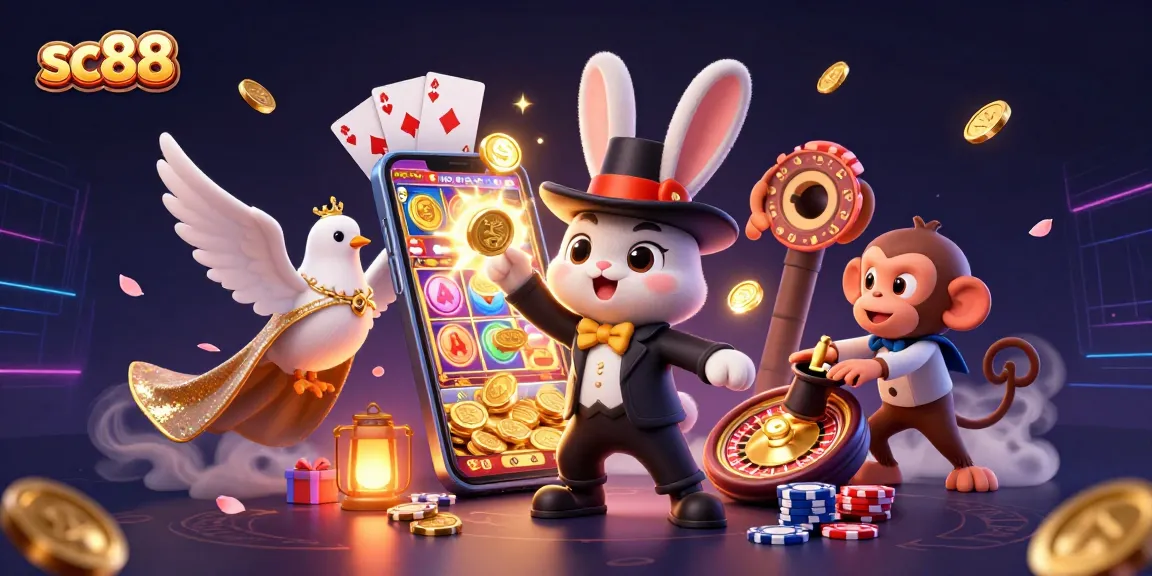 Engage with sc88 as a magician rabbit and friends celebrate winning big at the casino.