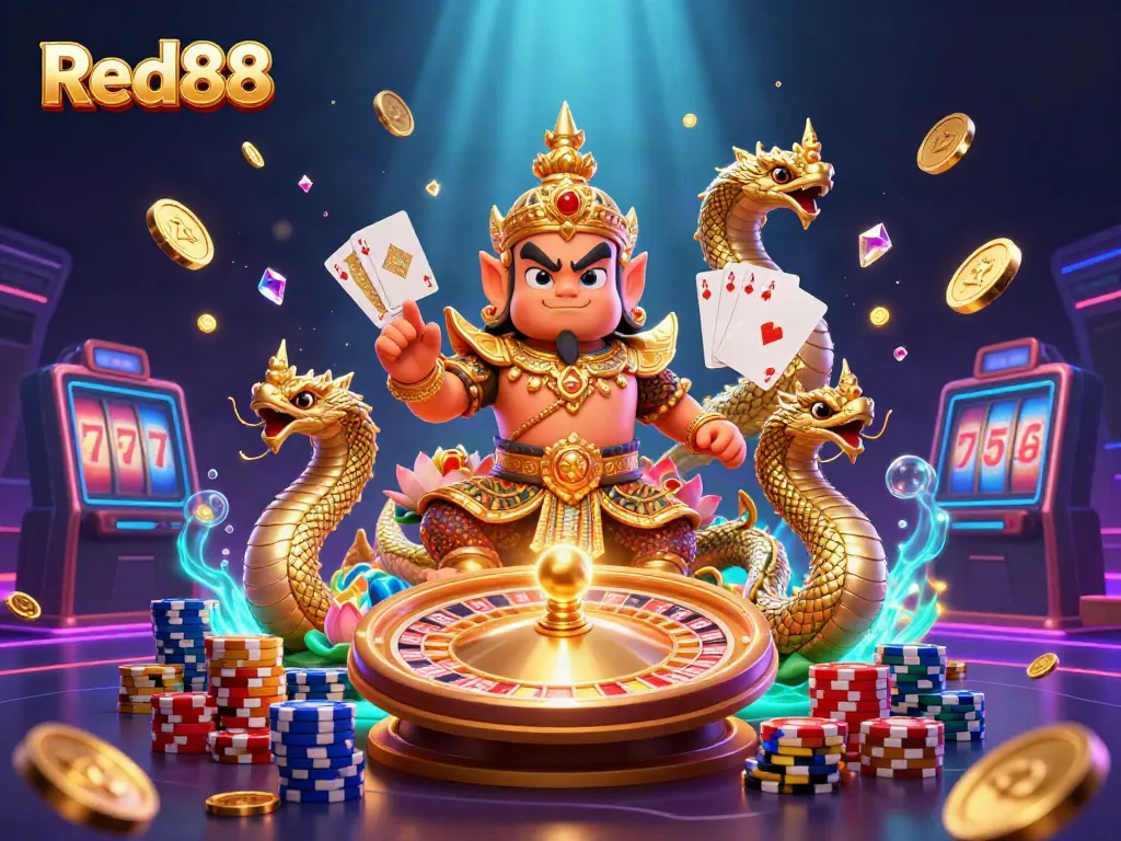 Experience winning thrills at Red88 with a friendly Thai guardian amidst cascading coins and vibrant casino elements.