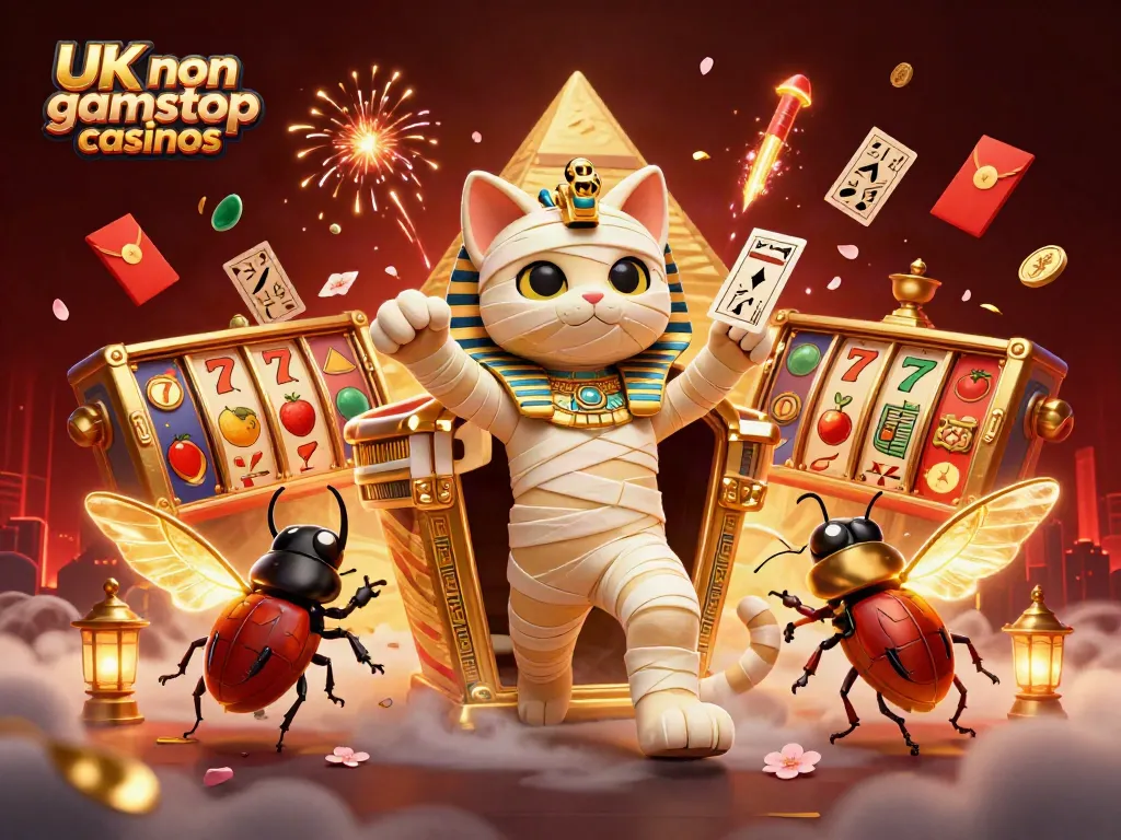 Engaging scene from UK non gamstop casinos with an Egyptian mummy cat, golden scarab, and casino elements.