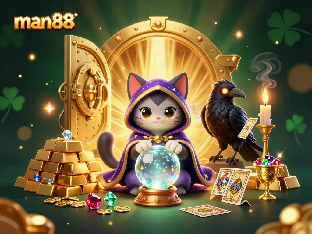 Experience thrilling gameplay with man88, featuring a mystical cat, a raven, gold, and jewels in a vibrant casino scene.