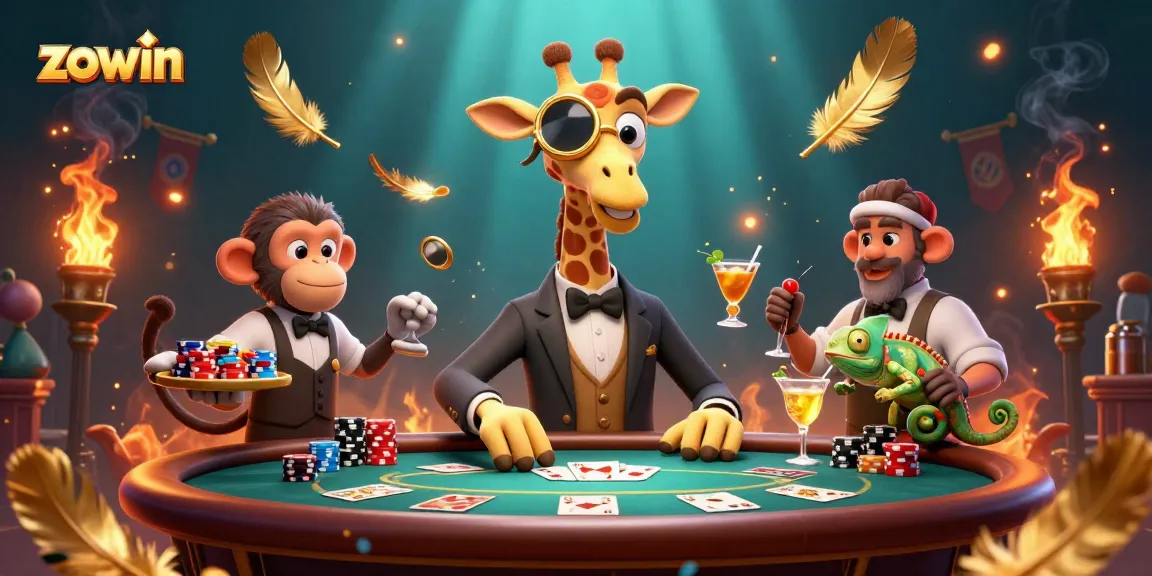 Zowin casino scene featuring a giraffe dealer, a monkey valet, and a chameleon bartender mixing drinks