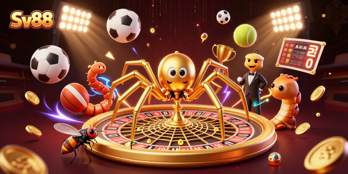 Engage with Sv88 as a golden spider weaves a roulette wheel, showcasing thrilling sports betting action.