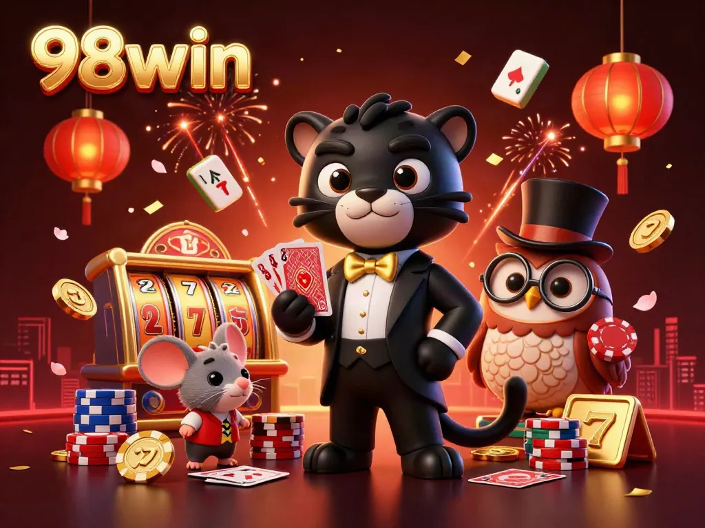 Experience thrilling action at 98win's casino with stylish characters and vibrant gaming elements.