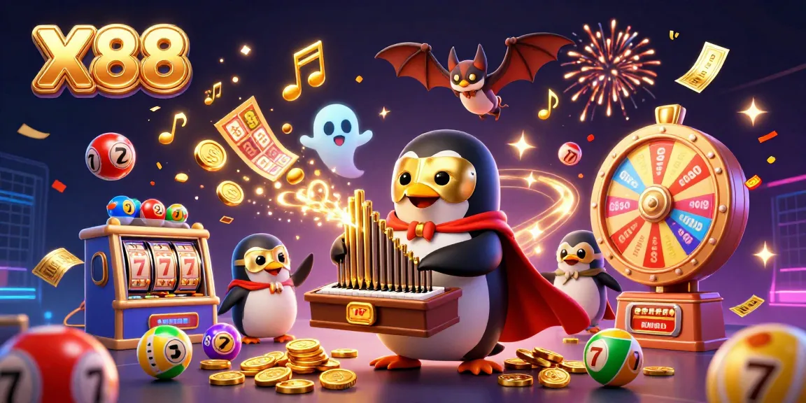 X88 casino excitement as a phantom penguin plays an organ, sending golden coins to the sky.