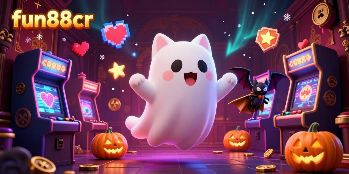 Place bets using fun88cr's ghostly theme in a vibrant casino illustration filled with gaming elements.
