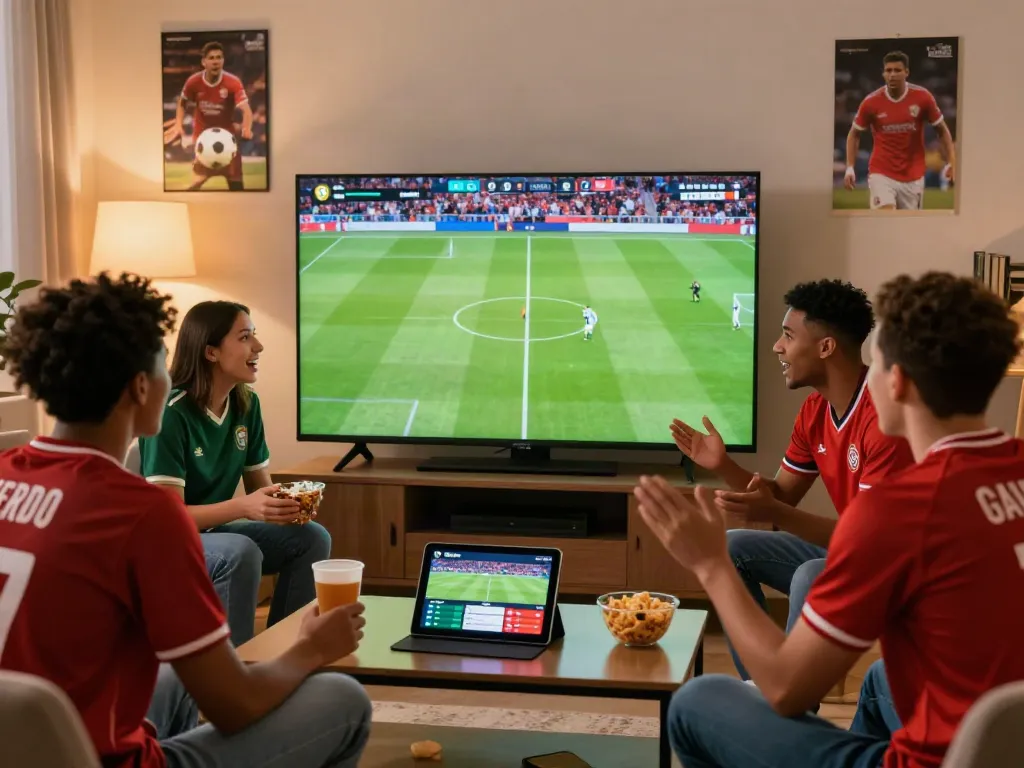 Friends enjoying Gavangtv while watching a live football match together.