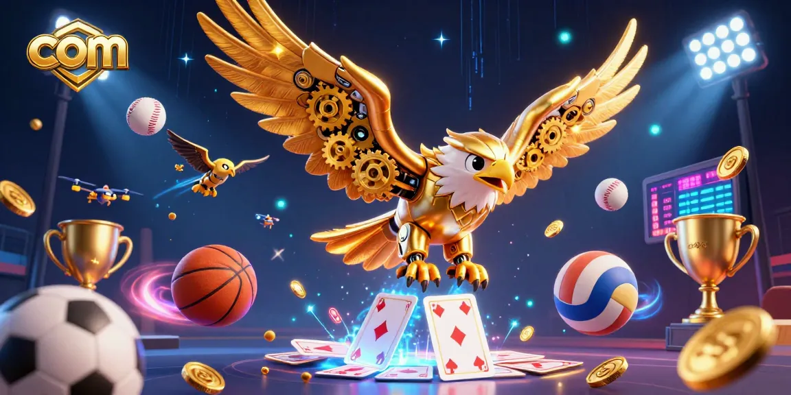 Engage with com's vibrant sports betting world, featuring a cybernetic eagle surrounded by betting elements.