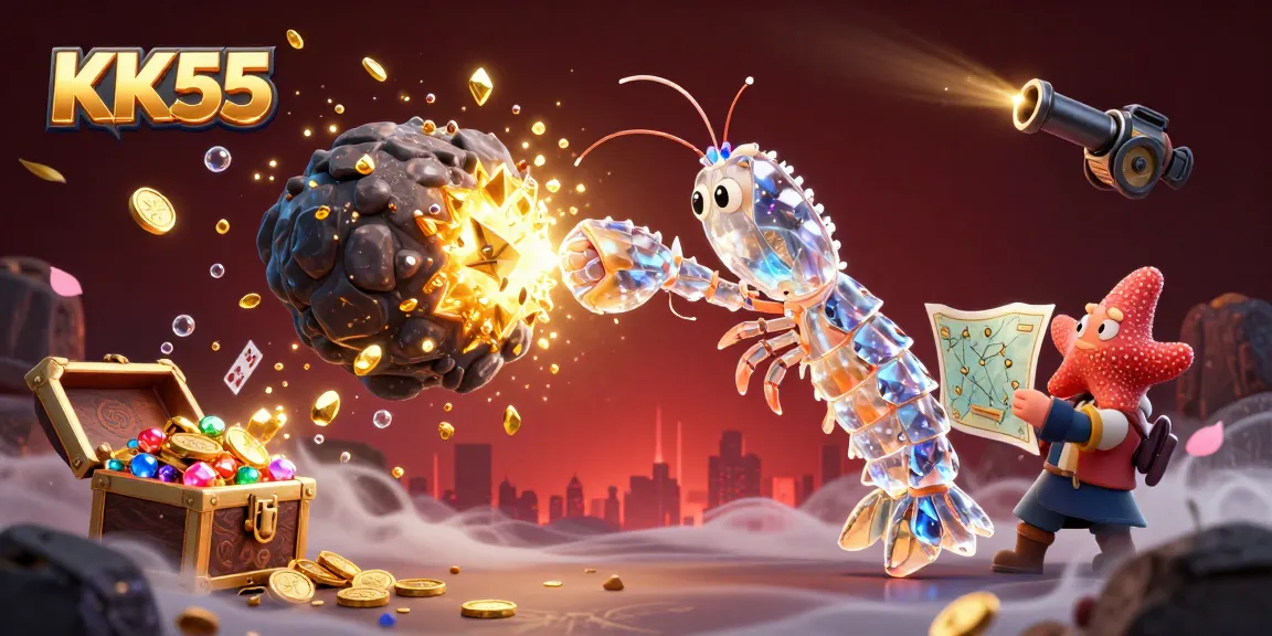 Experience thrilling gameplay at KK55 with our vibrant 3D illustration of underwater treasure and action.