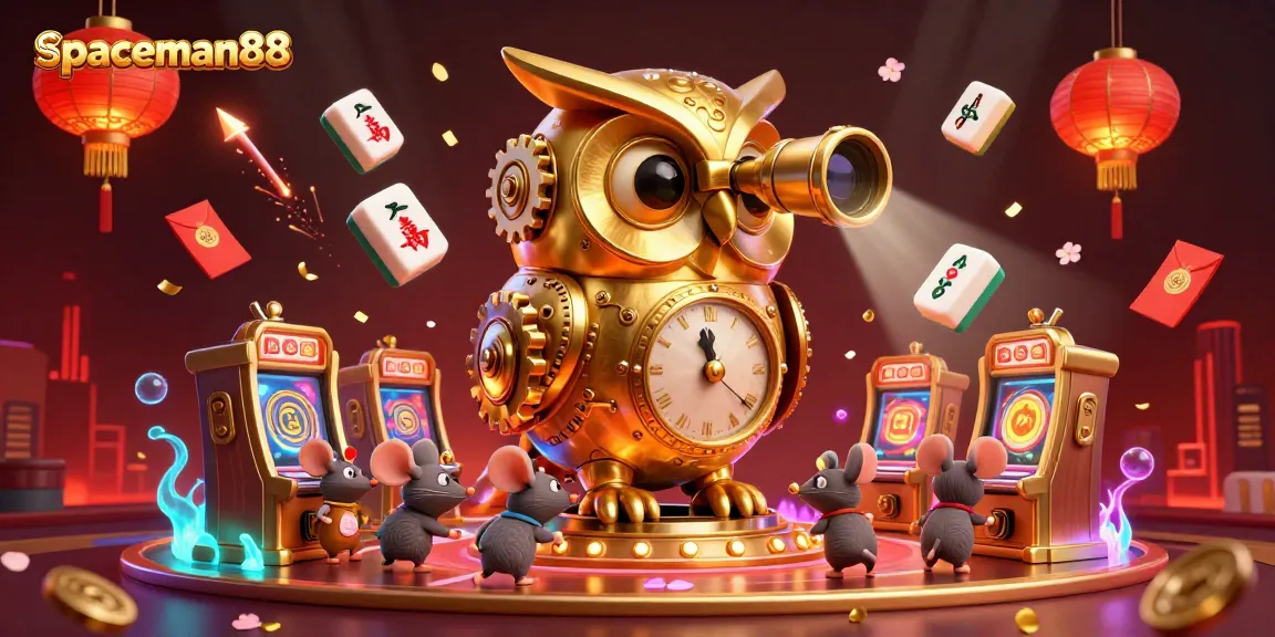 Engage with spaceman88, observing a mesmerizing casino scene with energetic golden owl and animated mice.