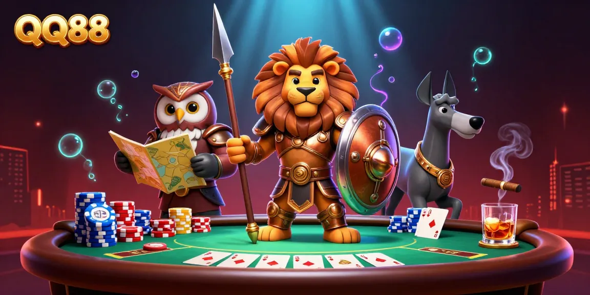Immerse in QQ88 with a dynamic scene of a Spartan lion, tactical owl, and greyhound surrounded by poker elements.