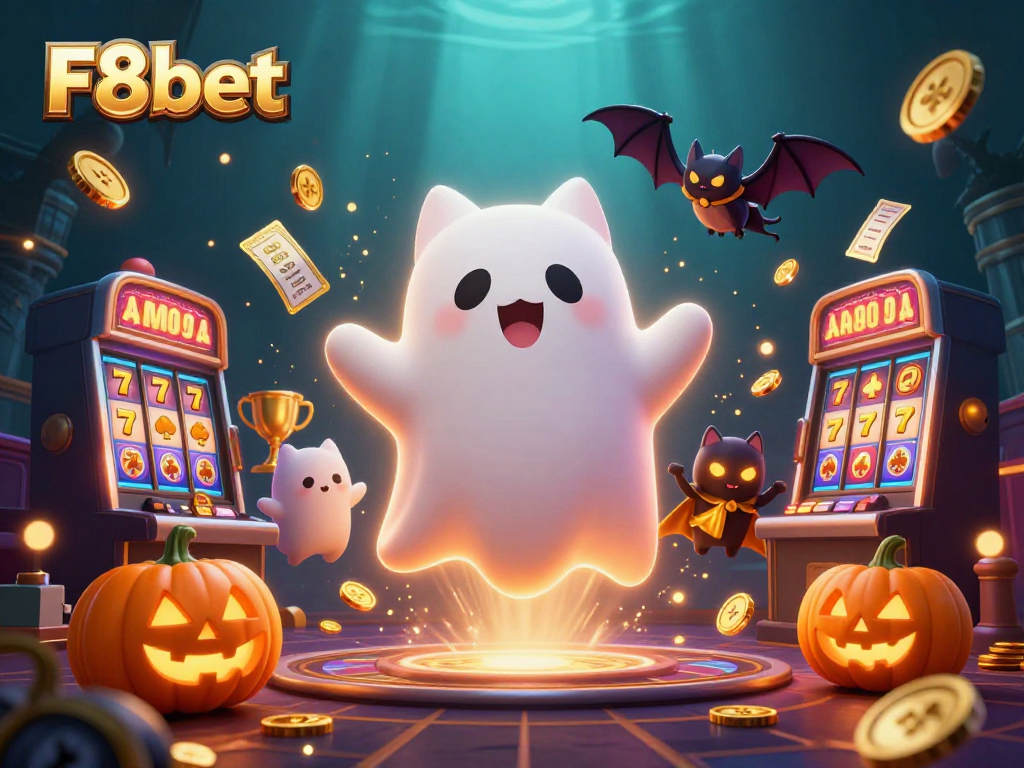 Play exciting games at F8bet, featuring a cartoon ghost cat in a haunted casino.