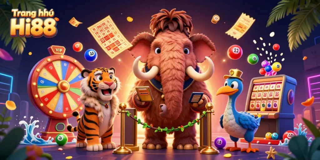 Win big with Trang chủ Hi88's vibrant lottery scene featuring colorful elements and engaging characters.