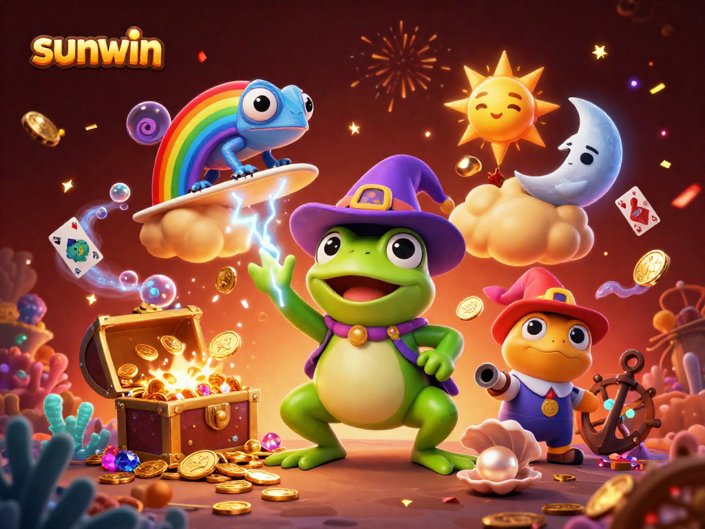 Experience the thrill of sunwin as a wizard frog conjures golden coins amidst vivid casino elements.