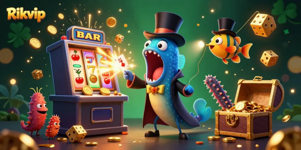 Experience the vibrant action of Rikvip with a dazzling underwater casino scene showcasing thrilling card tricks and jackpots.