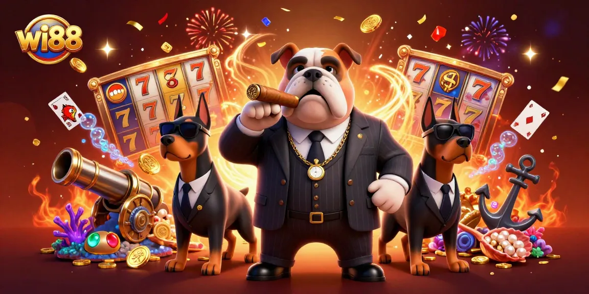 Experience thrilling gaming at wi88 with a dynamic 3D casino scene featuring a mafia bulldog and his bodyguards.