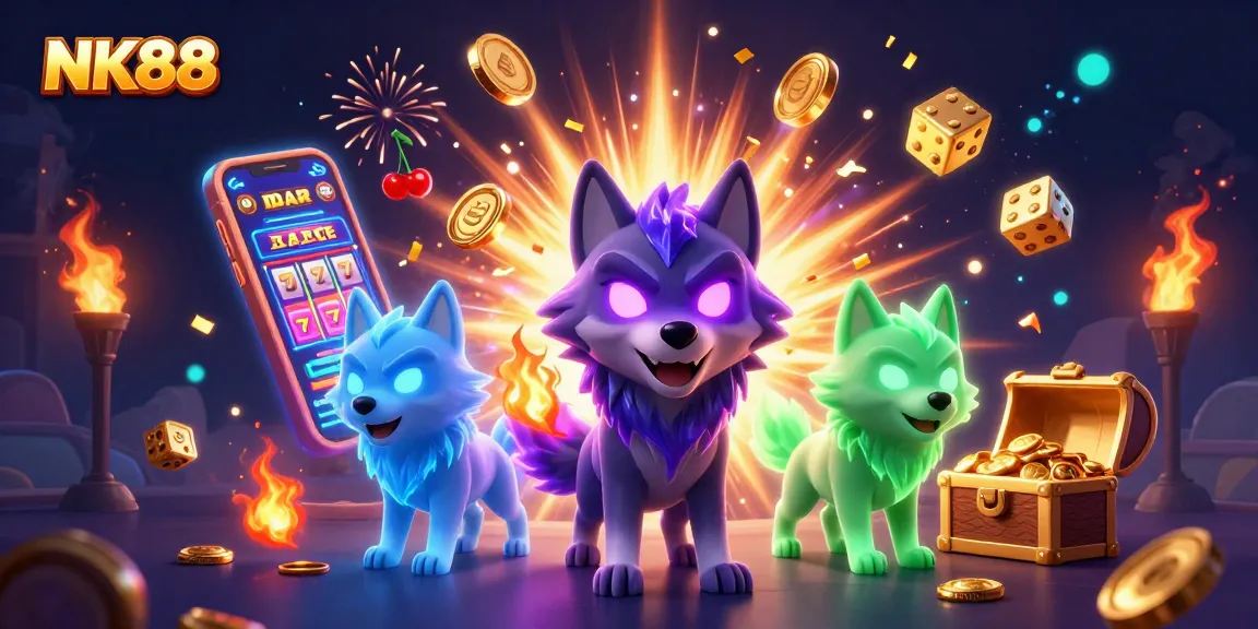 Play thrilling casino games at NK88 with dynamic wolf characters amidst a jackpot explosion.