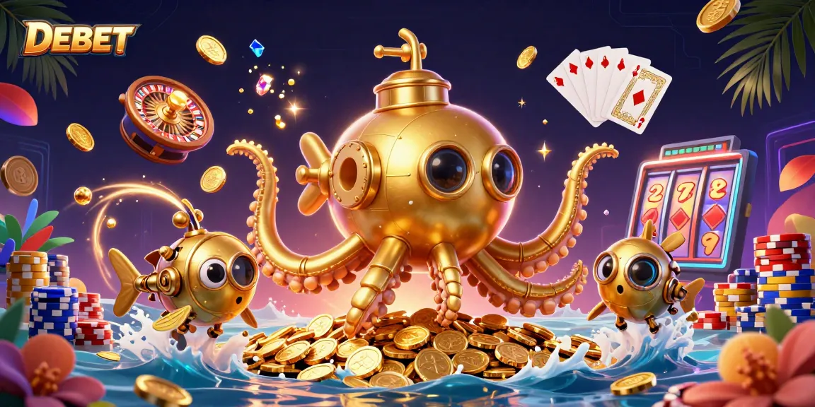 Experience thrilling DEBET betting with a golden kraken submarine in a casino ocean of luck.
