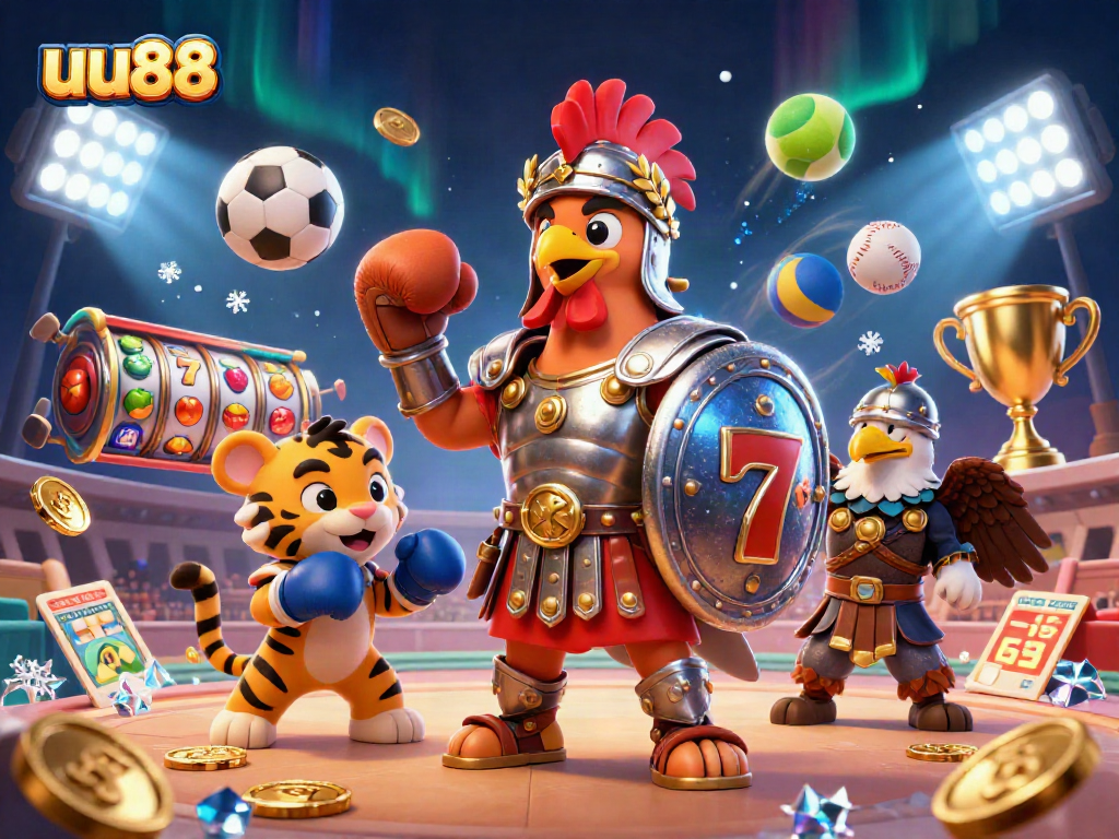 uu88 engages players with a vibrant slot machine scene featuring a gladiator rooster and dynamic casino elements.