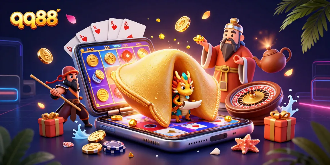Experience the excitement of qq88 with dynamic casino elements and a golden fortune cookie scene.