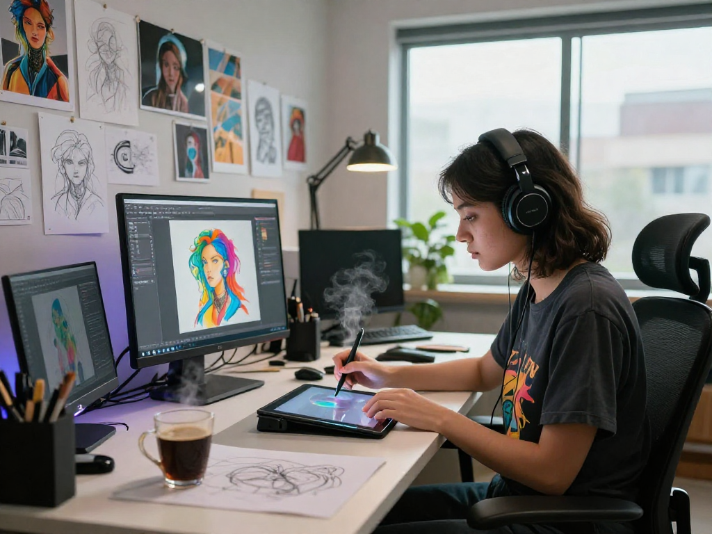 Artist creating NSFW AI artwork in a vibrant digital studio.