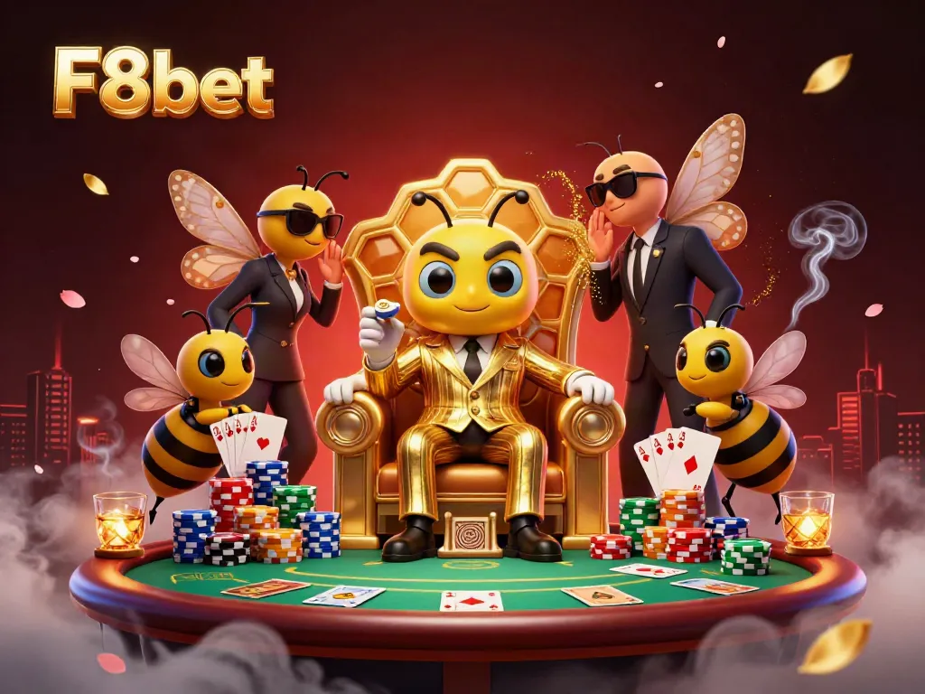 Engaging scene showcasing F8bet with a bumblebee mob boss and poker elements in a dynamic casino setting.