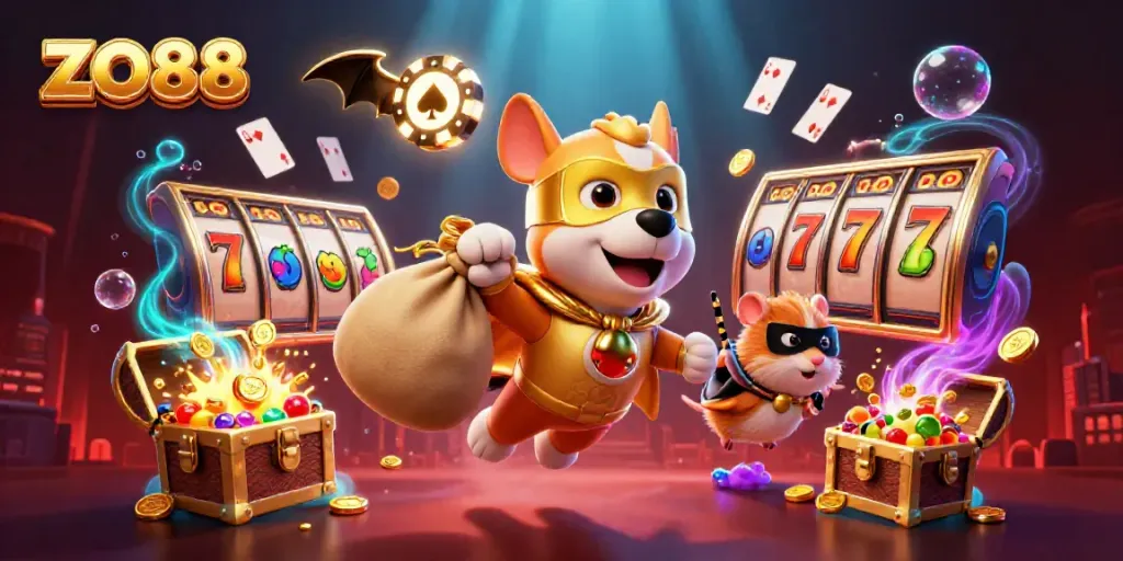 Join the thrilling ZO88 adventure with a superhero dog and hamster amidst vibrant slot game elements.