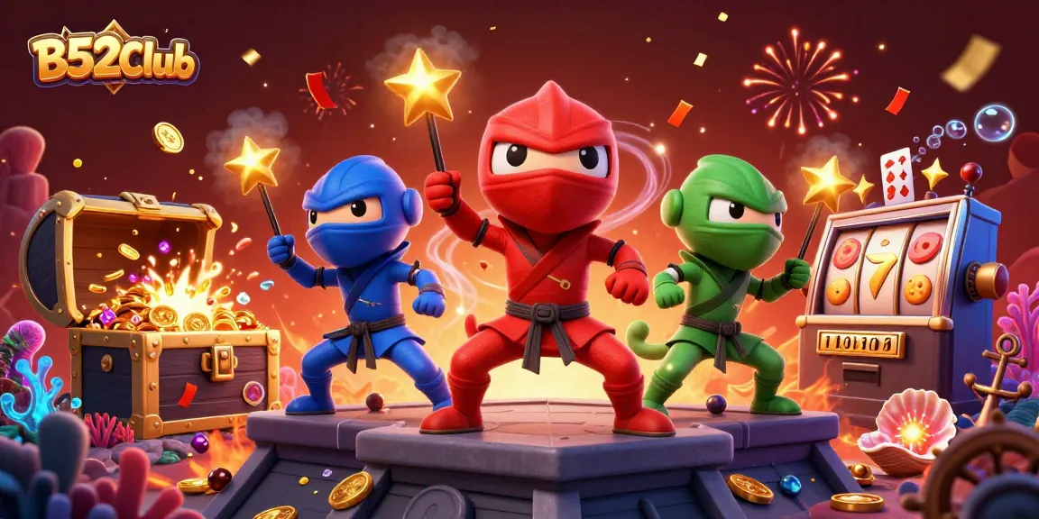 B52Club showcases a vibrant casino scene with chameleon ninjas and jackpot elements for thrilling gaming.