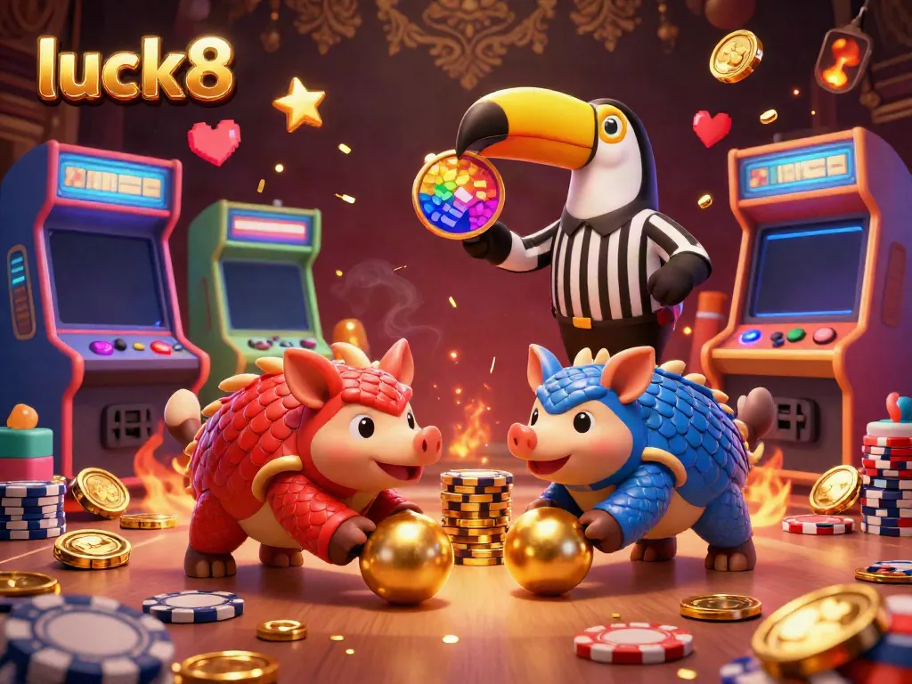 Experience vibrant gameplay action at luck8 with rival pangolins amidst colorful arcade machines and golden casino elements.