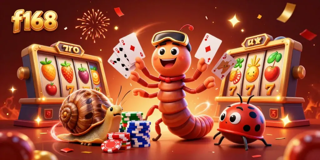 Exciting f168 casino scene with a millipede dealer and high-roller snail amidst vibrant game elements.