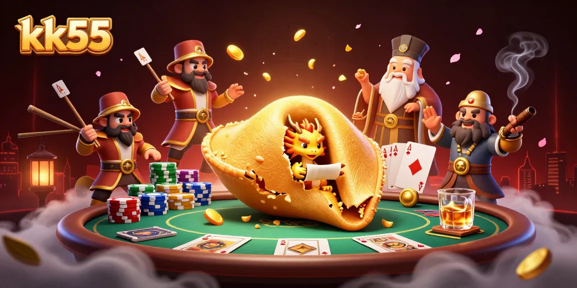 Spin to win with kk55: Elegant 3D casino scene showcasing vibrant poker elements and whimsical characters.