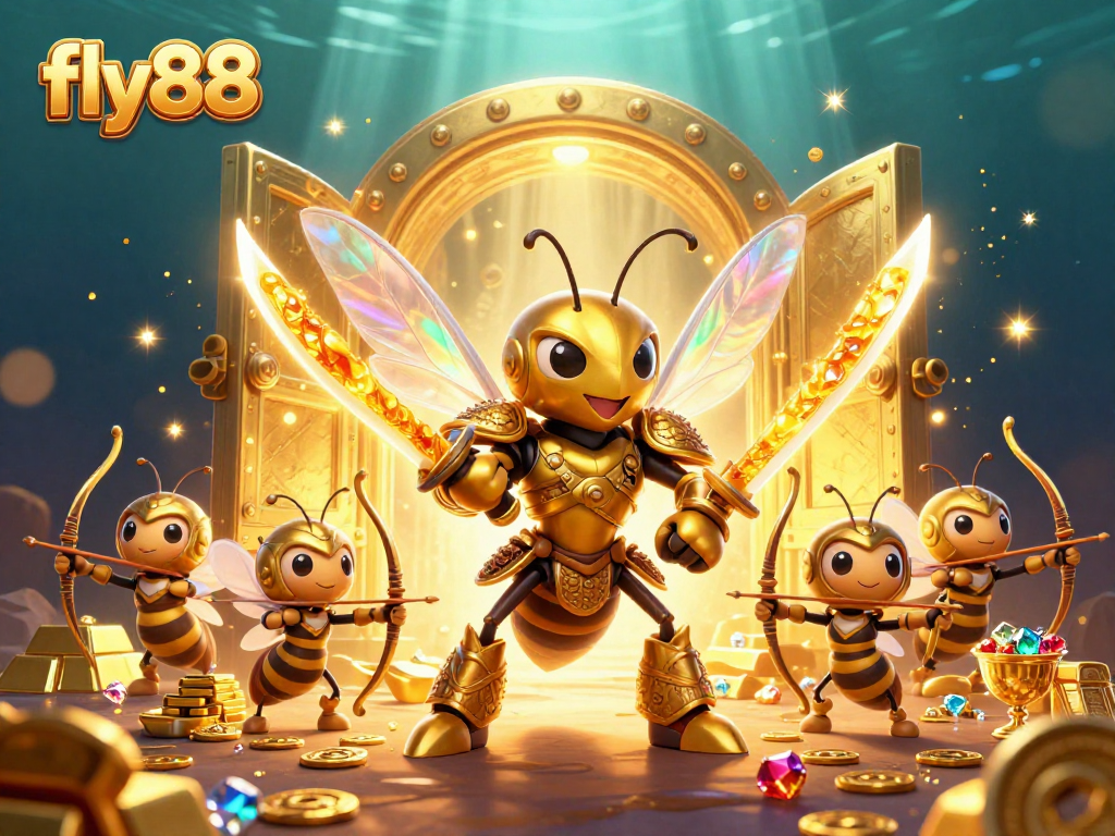 Experience thrilling wins at fly88 with 3D illustrations of golden hornet warriors in a dazzling casino scene.