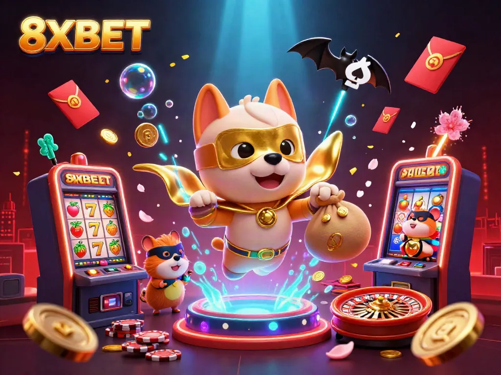 Engaging illustration featuring a superhero dog and sidekick hamster representing 8XBET with casino elements.