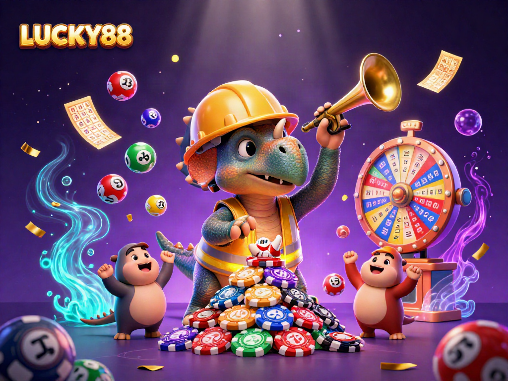 Experience LUCKY88 with vibrant lottery balls and winning moments in a thrilling gambling scene.