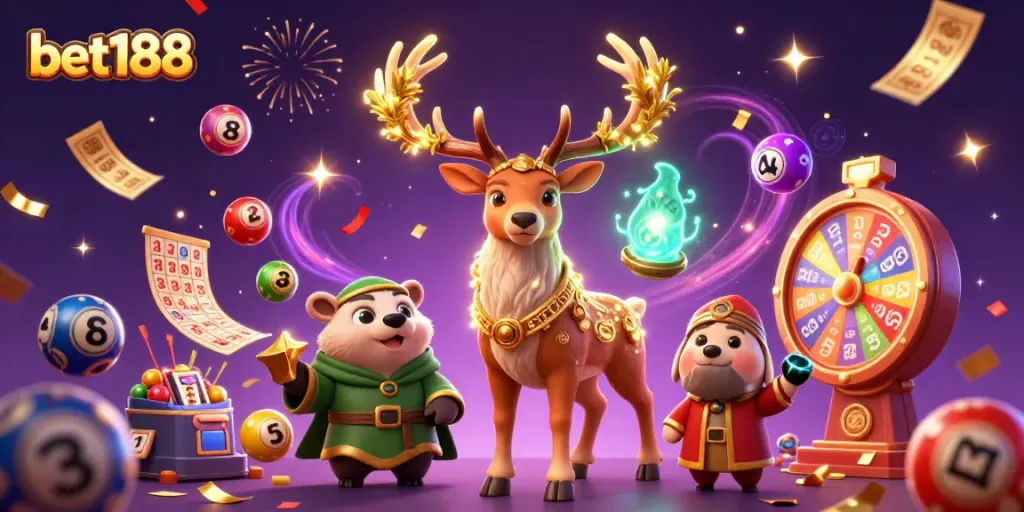 Join the excitement of bet188 with dynamic lottery elements and captivating characters in a magical scene.