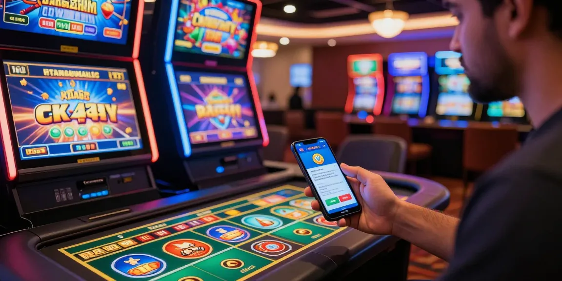 Player using CK444 mobile app in vibrant casino environment with digital games