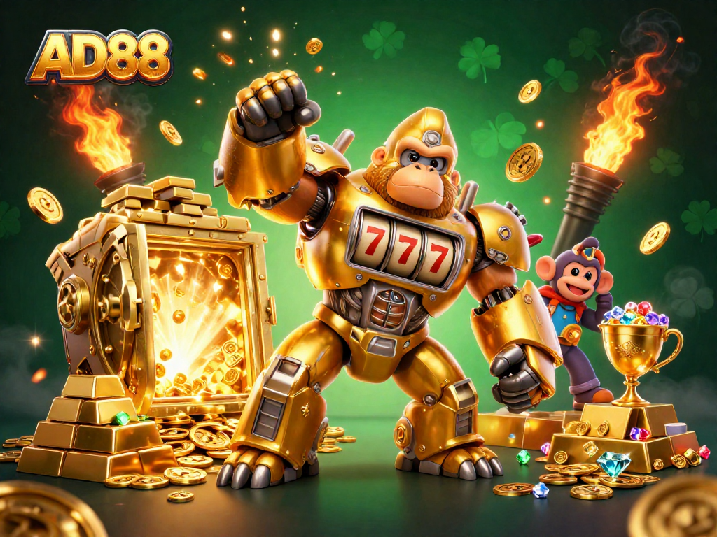 Engage with AD88's dynamic gaming scene featuring a golden gorilla mech amidst treasures.