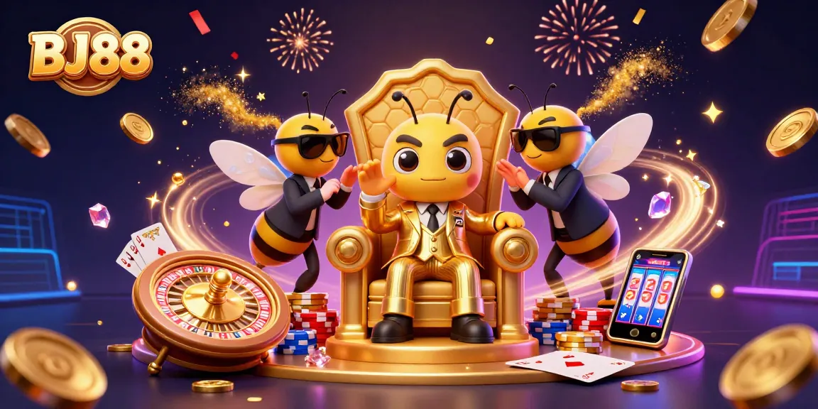 BJ88 showcases an exciting scene with a bumblebee mob boss amid gaming action and golden winnings.
