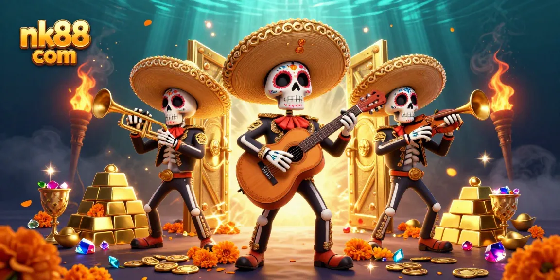 Win big at nk88 com with lively Dia de los Muertos mariachis amidst piles of treasure.