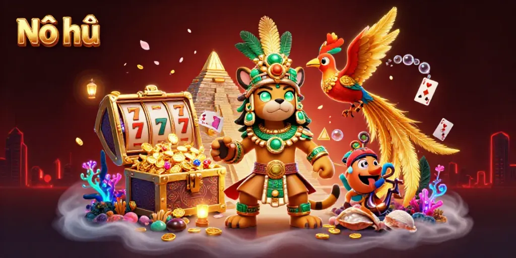 Nổ hũ themed gambling scene featuring a jaguar priest and quetzal bird surrounded by slots and treasures.