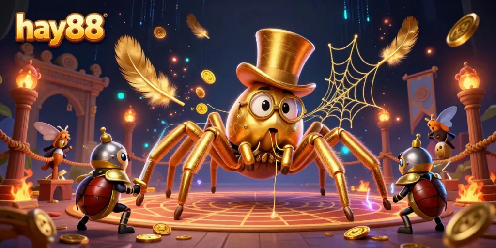 Experience the excitement of hay88 with a brave beetle knight facing a giant tarantula amidst a dynamic casino scene.