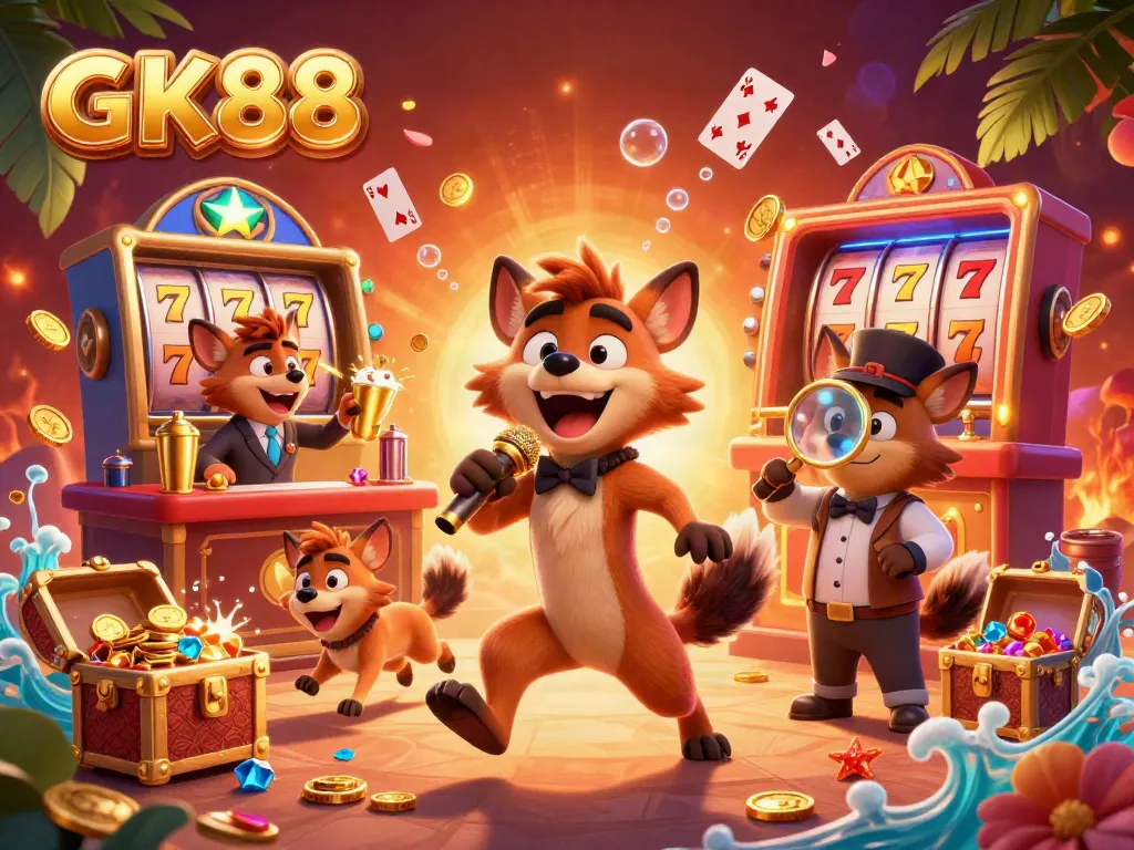 GK88 comedy casino club featuring hyenas, sparkling slot reels, and vibrant golden accents.