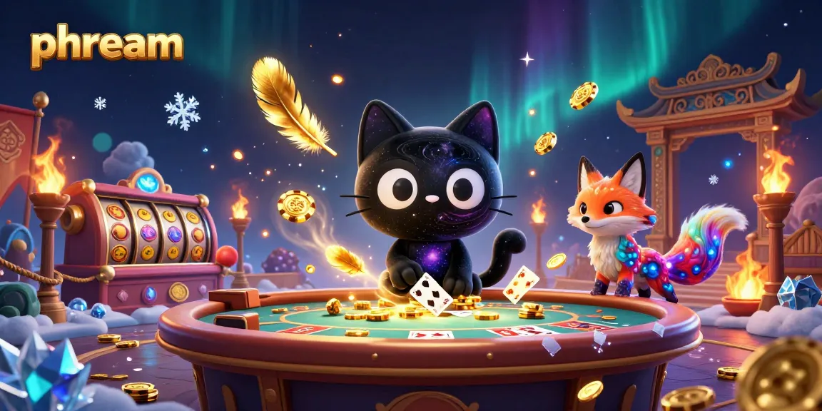 Engage in thrilling games at phdream as a black hole cat and nebula fox create a vibrant cosmic casino scene.
