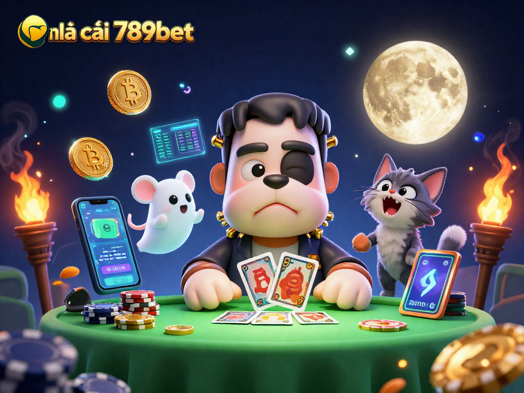 Experience the thrill at nhà cái 789bet with a colorful 3D casino scene featuring cards and crypto elements.