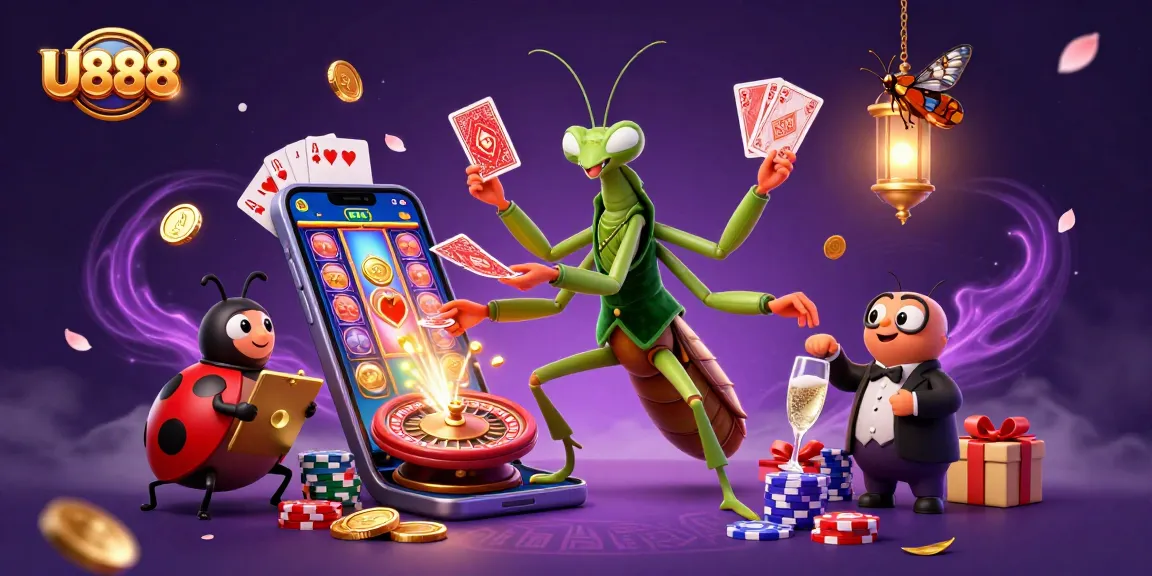 Experience thrilling casino action with U888, featuring vibrant 3D gaming elements like cards, chips, and slot games.